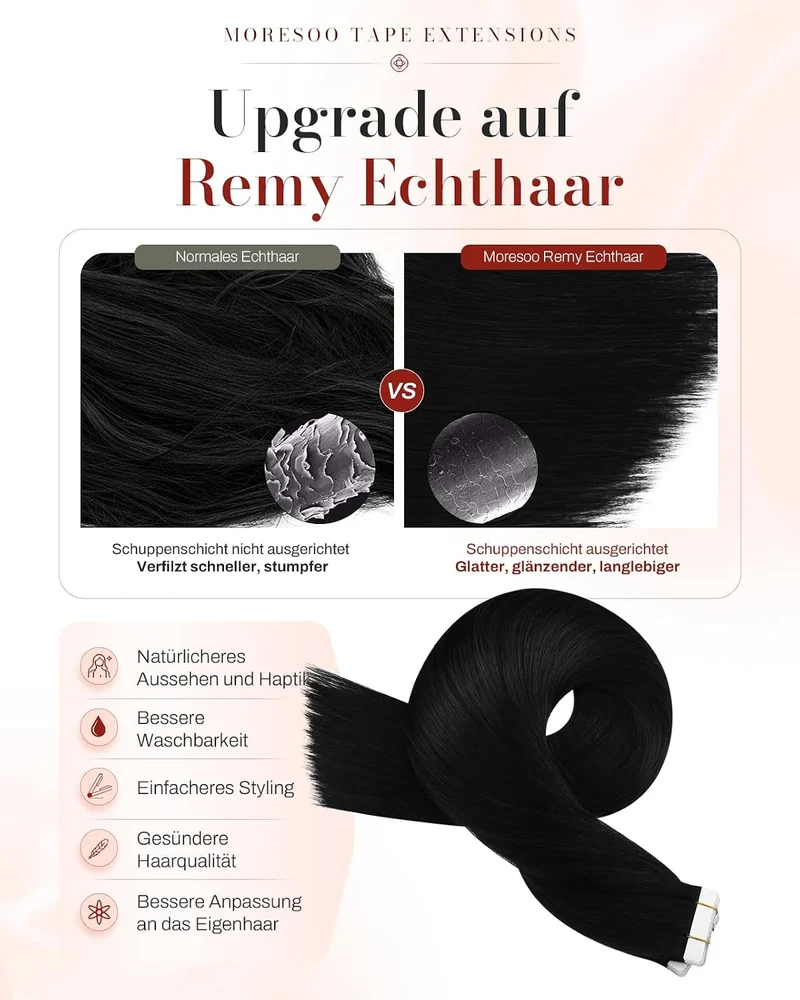 Moresoo Tape in Extensions Echthaar Schwarz Remy Echthaar Tape Haarextension Schwarz #1 Doppelseitig
