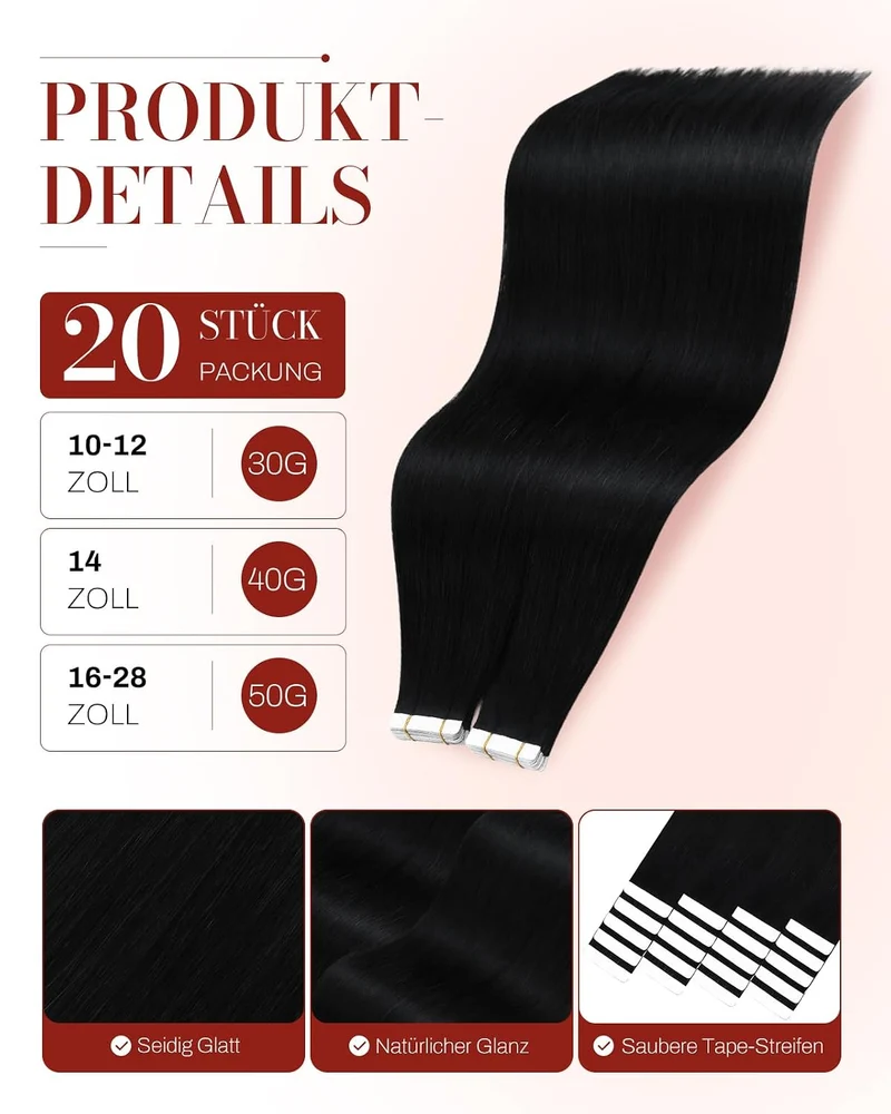 Moresoo Tape in Extensions Echthaar Schwarz Remy Echthaar Tape Haarextension Schwarz #1 Doppelseitig