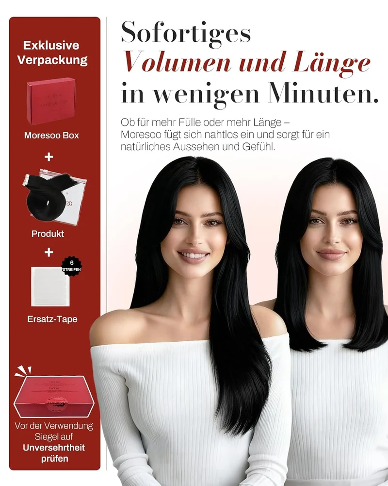Moresoo Tape in Extensions Echthaar Schwarz Remy Echthaar Tape Haarextension Schwarz #1 Doppelseitig