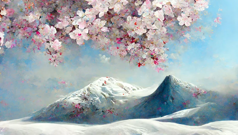 Acryl-Bild 70 x 40 cm: Blühende Sakura auf dem Hintergrund schneebedeckter Berge.Aquarell-Handzeichn