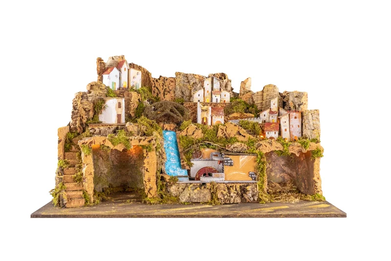 Holyhome Krippe 80 x 50 x 50 cm (31,49 x 19,68 x 19,68 Zoll) mit Lichtern, Wasserfall und Mühle, her