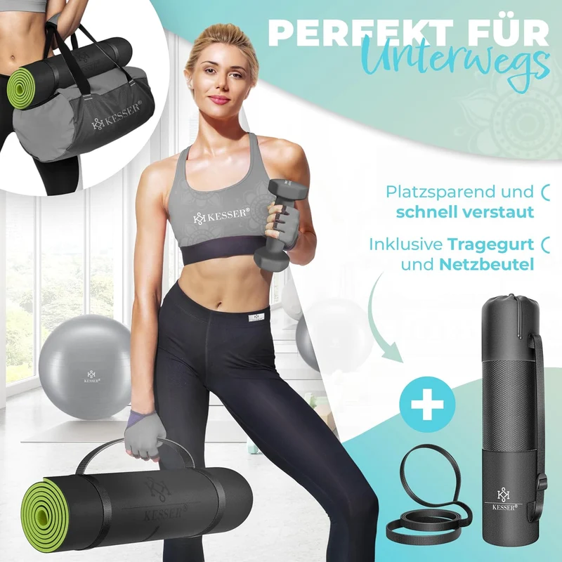 KESSER® Gymnastikmatte mit Tragegurt rutschfest TPE Yogamatte Gepolstert & rutschfest Fitnessmatte,