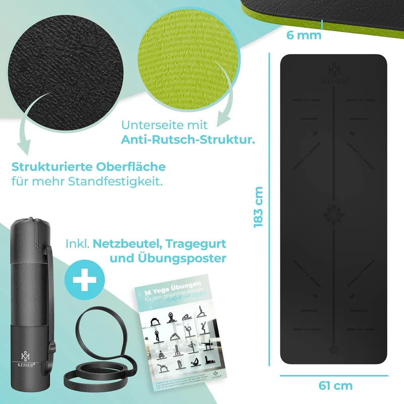 KESSER® Gymnastikmatte mit Tragegurt rutschfest TPE Yogamatte Gepolstert & rutschfest Fitnessmatte,