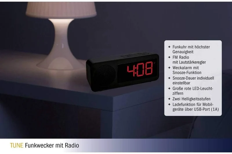TFA Dostmann Funk-Wecker, 60.2546.01, mit Radiofunktion, kontraststarkem Display und Ladefunktion fü
