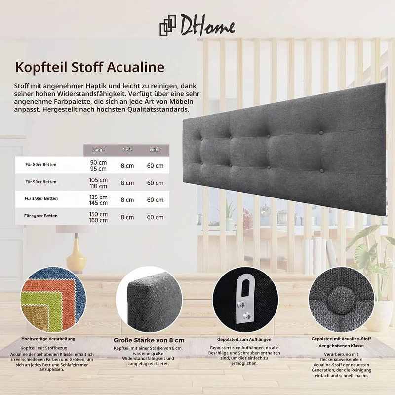 DHOME Kopfteil für Bett, gepolstert, 8 cm dick, gepolsterter Kopf, ACUALINE Stoff und Kunstleder, fü