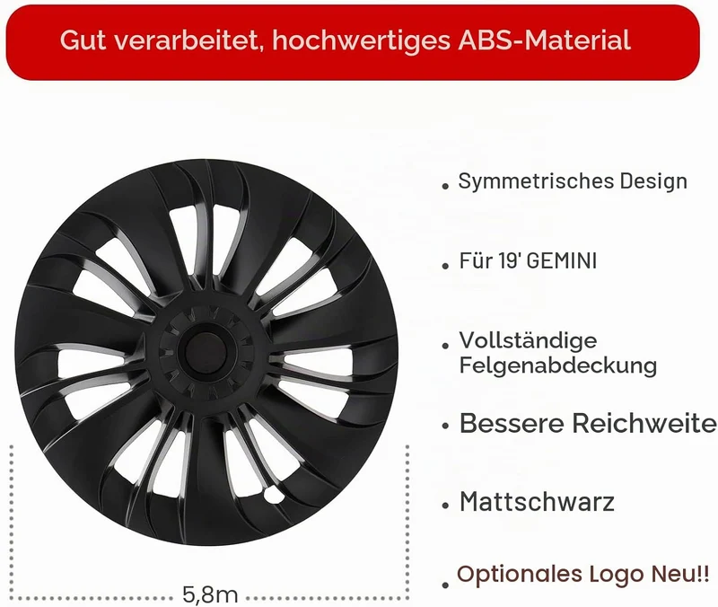 KAVANIC passend für Tesla Model Y Radabdeckung, Radkappe 19 Zoll, Mattschwarz, unterstützt Logo-Symm