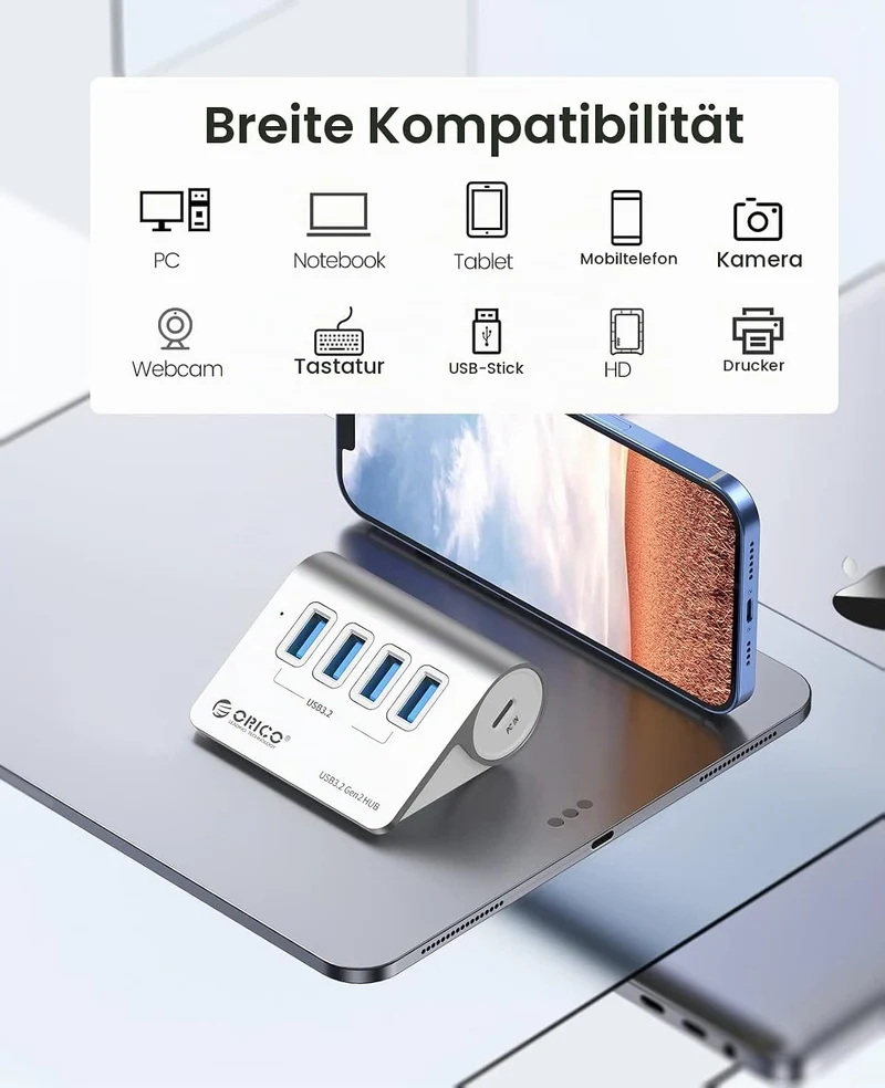 USB C Hub, ORICO 4 Port USB 3.2 Gen 2 Data Hub mit Super Speed 10Gbps, ABS USB Splitter mit 0,5M Dat