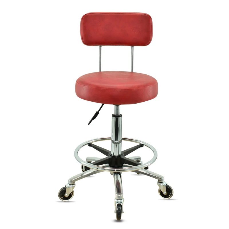 VAKON SALON - Premium Rollhocker in Rot mit Lehne und Fussring - Höhenverstellbar 55-75 cm - Rundsit