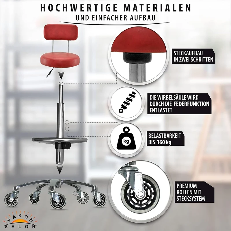 VAKON SALON - Premium Rollhocker in Rot mit Lehne und Fussring - Höhenverstellbar 55-75 cm - Rundsit