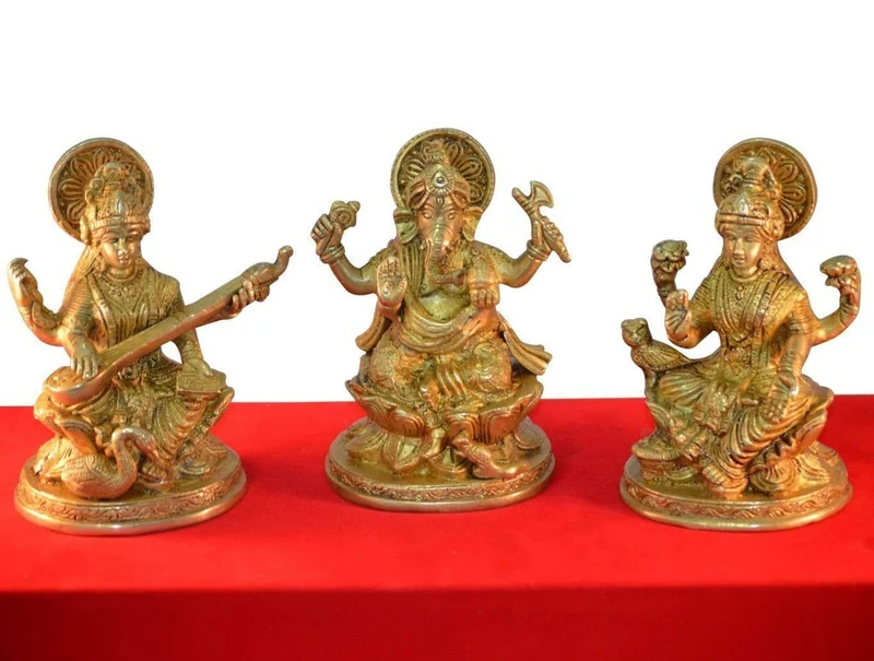 Ganesha Lakshmi Saraswati Set von drei Statuen aus Messing Skulpturen der Hindu Gott je Höhe 12,7 cm