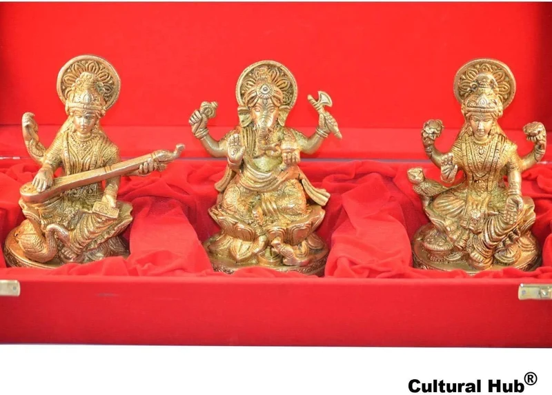 Ganesha Lakshmi Saraswati Set von drei Statuen aus Messing Skulpturen der Hindu Gott je Höhe 12,7 cm