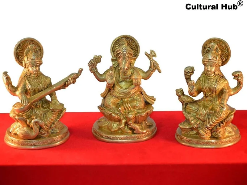 Ganesha Lakshmi Saraswati Set von drei Statuen aus Messing Skulpturen der Hindu Gott je Höhe 12,7 cm
