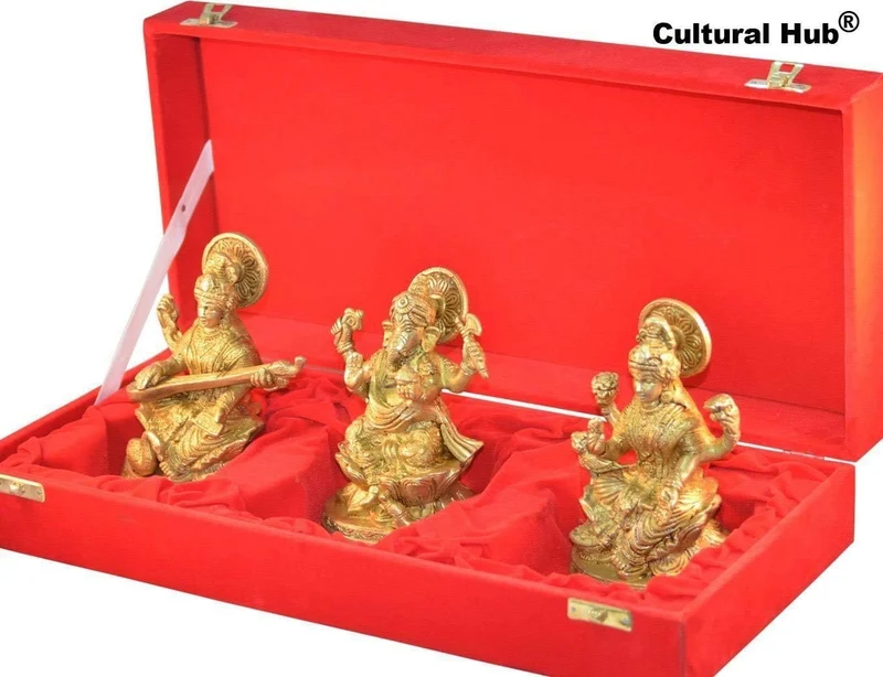 Ganesha Lakshmi Saraswati Set von drei Statuen aus Messing Skulpturen der Hindu Gott je Höhe 12,7 cm