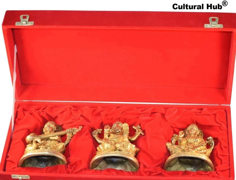 Ganesha Lakshmi Saraswati Set von drei Statuen aus Messing Skulpturen der Hindu Gott je Höhe 12,7 cm