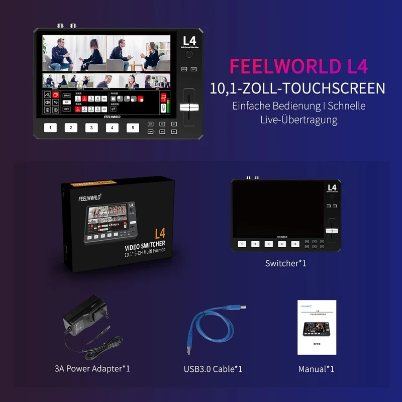 FEELWORLD L4 10,1 Zoll Touchscreen Video Switcher 10,1 Zoll Touchscreen, Echtzeit-Vorschau 5 Eingang