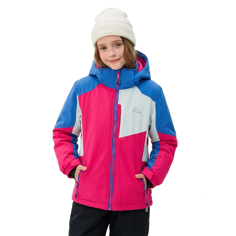 SMONTY Mädchen Skijacke, wasserdicht, warm, mit Kapuze, Schnee-Wintermantel für Kinder 140-152 Rot,