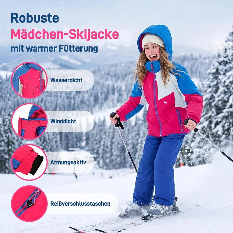 SMONTY Mädchen Skijacke, wasserdicht, warm, mit Kapuze, Schnee-Wintermantel für Kinder 140-152 Rot,