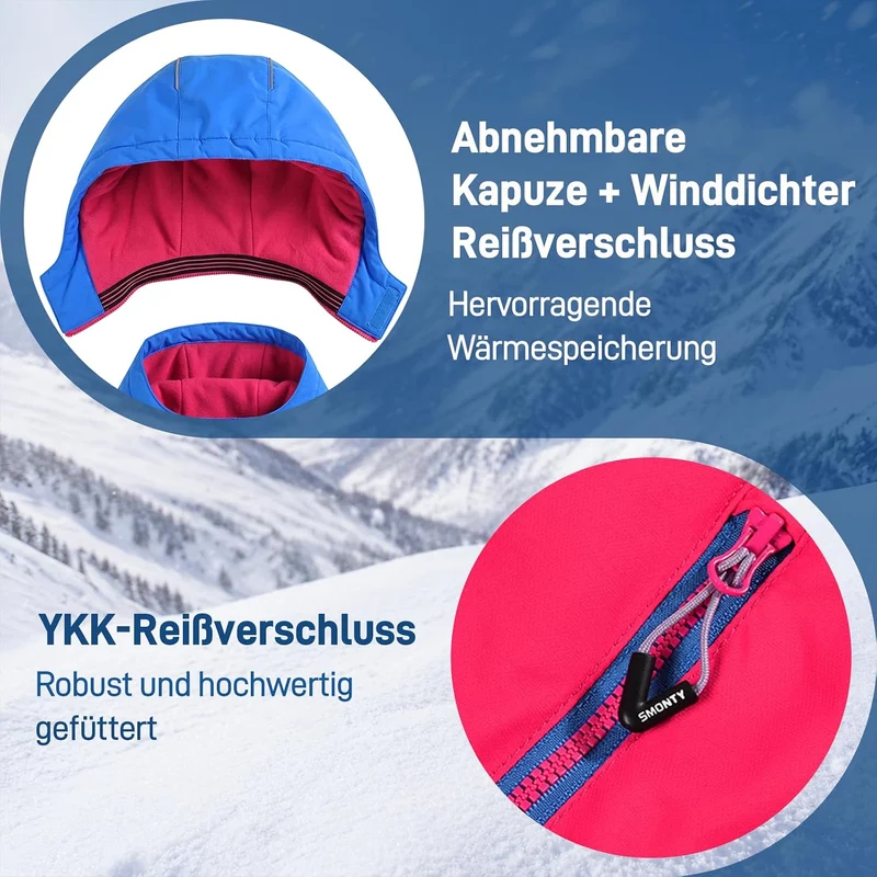 SMONTY Mädchen Skijacke, wasserdicht, warm, mit Kapuze, Schnee-Wintermantel für Kinder 140-152 Rot,