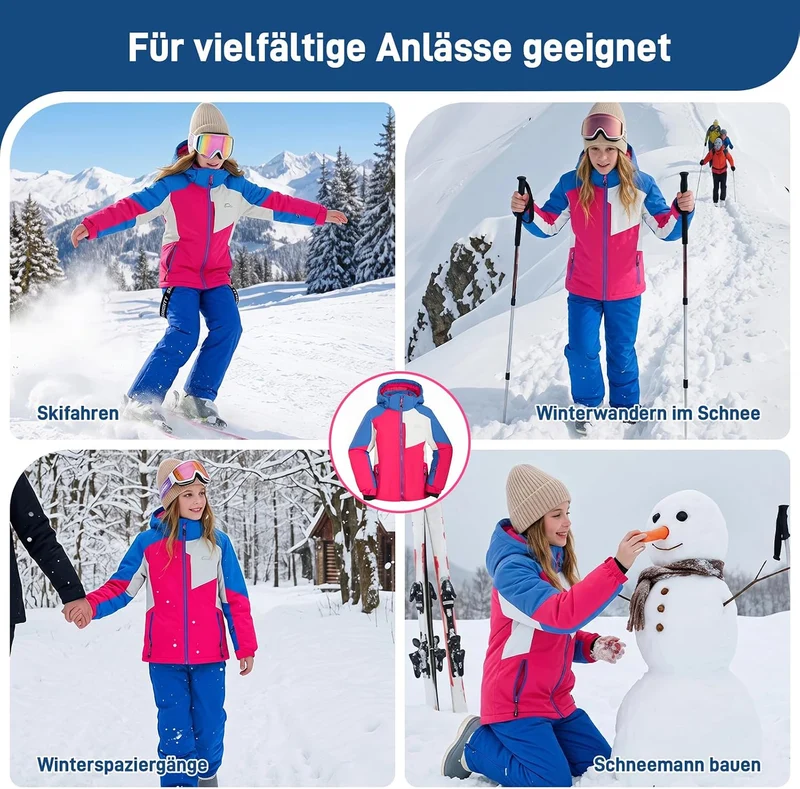 SMONTY Mädchen Skijacke, wasserdicht, warm, mit Kapuze, Schnee-Wintermantel für Kinder 140-152 Rot,