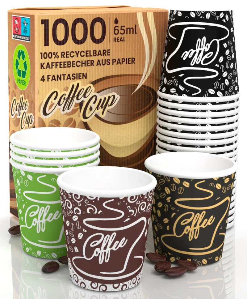 1000 Kaffeebecher aus Papier, 65 ml, CoffeeCUP Mix Umweltfreundliche Biologisch Abbaubare Einwegbech