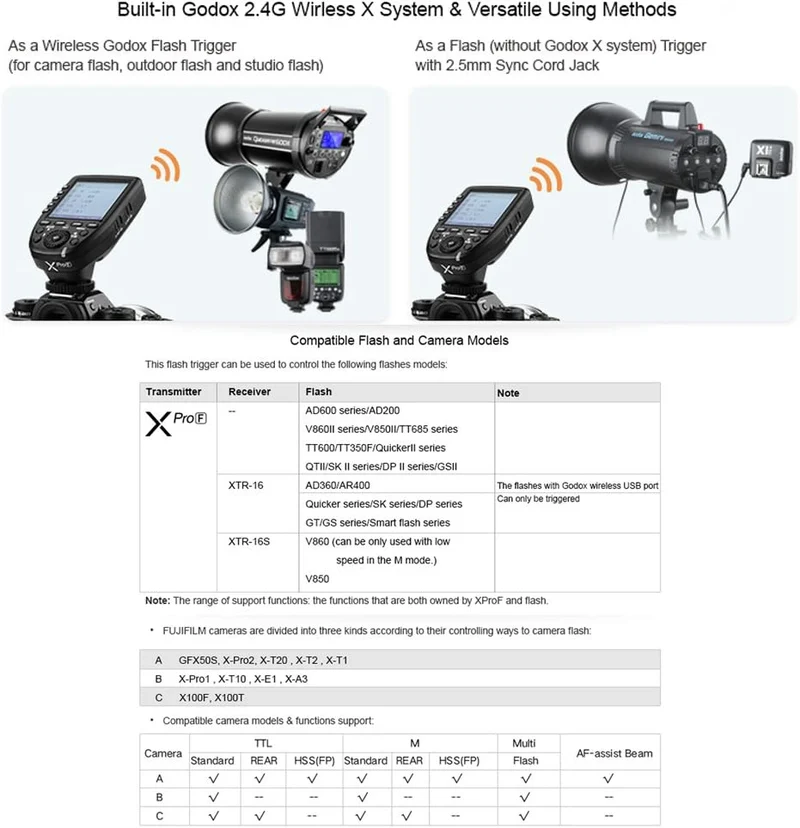 Godox Xpro-F TTL Drahtloser Blitzauslöser ， 2.4G 1 / 8000s HSS TTL Konvertierungshandbuch TCM-Funkti