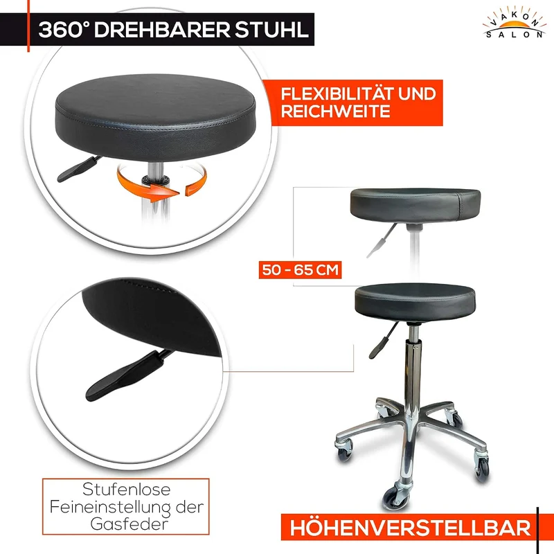 VAKON SALON - Rundocker auf hochwertigen Rollen - höhenverstellbarer Drehhocker 50-65 cm, Rollhocker