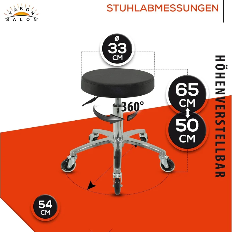 VAKON SALON - Rundocker auf hochwertigen Rollen - höhenverstellbarer Drehhocker 50-65 cm, Rollhocker