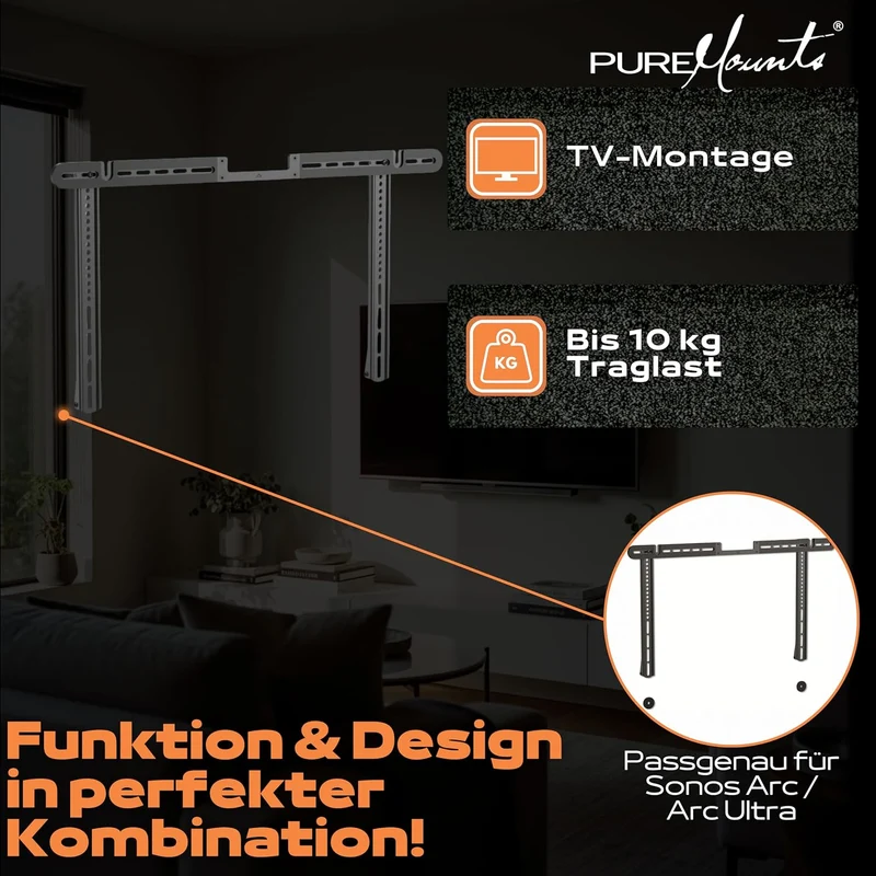PureMounts Lautsprecher-Halterung zur direkten Montage am TV, kompatibel mit Sonos Arc, Traglast: 10