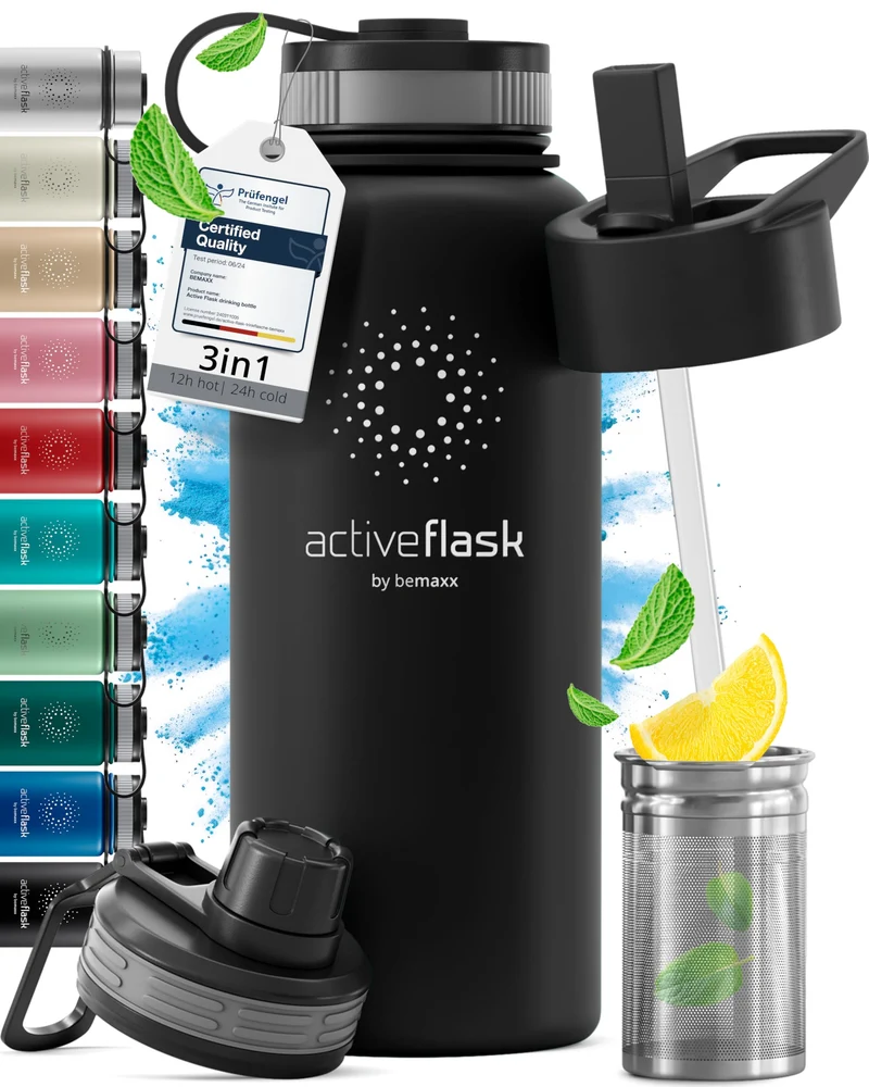 Trinkflasche Edelstahl ACTIVE FLASK + Strohhalm (3 Deckel) BPA-frei, Auslaufsicher, Kohlensäure geei