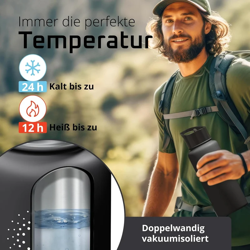 Trinkflasche Edelstahl ACTIVE FLASK + Strohhalm (3 Deckel) BPA-frei, Auslaufsicher, Kohlensäure geei