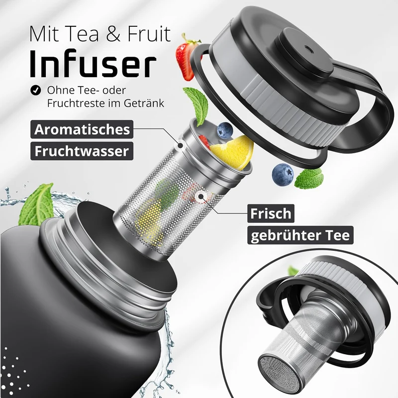 Trinkflasche Edelstahl ACTIVE FLASK + Strohhalm (3 Deckel) BPA-frei, Auslaufsicher, Kohlensäure geei