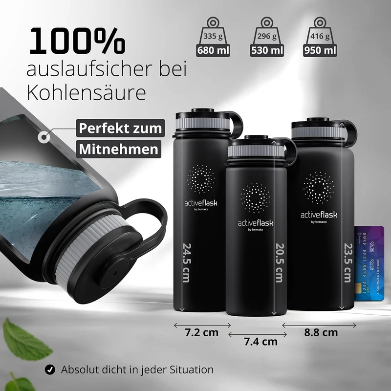 Trinkflasche Edelstahl ACTIVE FLASK + Strohhalm (3 Deckel) BPA-frei, Auslaufsicher, Kohlensäure geei