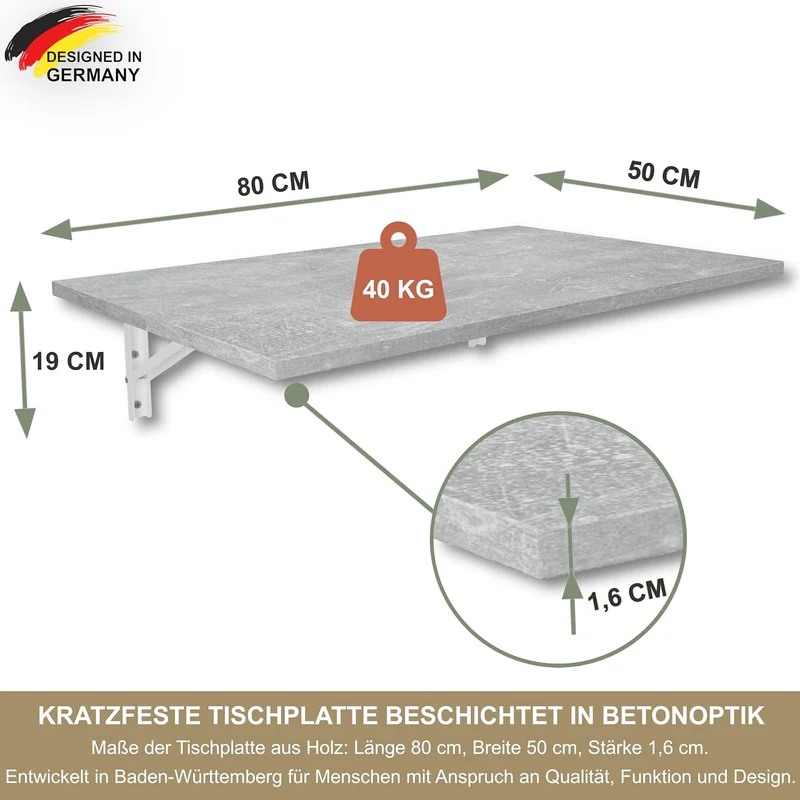 KDR Produktgestaltung Wandklapptisch Schreibtisch Tischplatte 80x50 cm in Betonoptik Klapptisch Esst