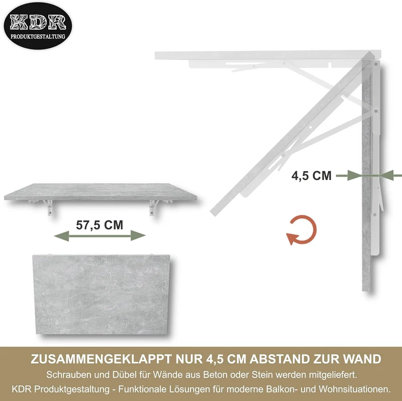 KDR Produktgestaltung Wandklapptisch Schreibtisch Tischplatte 80x50 cm in Betonoptik Klapptisch Esst