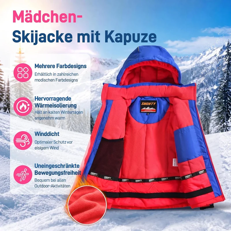 SMONTY Mädchen Skijacke, wasserdicht, warm, mit Kapuze, Schnee-Wintermantel für Kinder 140-152 Rot B
