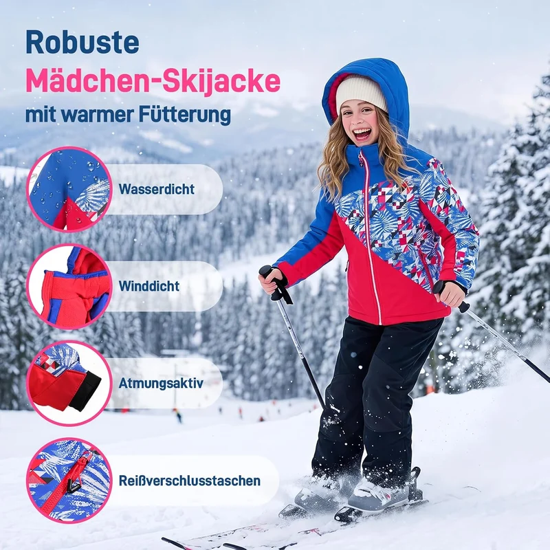 SMONTY Mädchen Skijacke, wasserdicht, warm, mit Kapuze, Schnee-Wintermantel für Kinder 140-152 Rot B