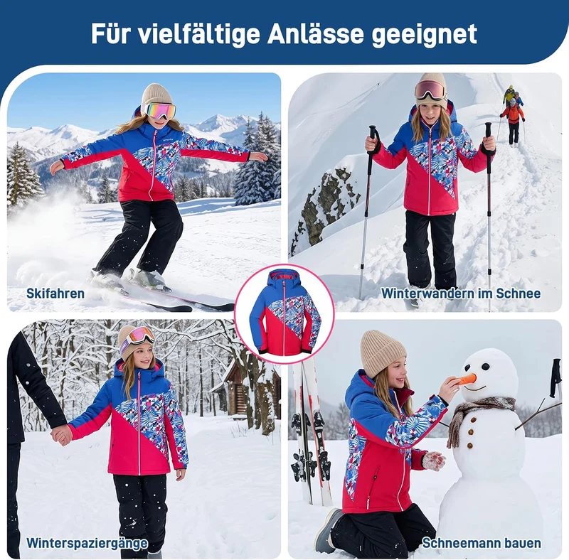 SMONTY Mädchen Skijacke, wasserdicht, warm, mit Kapuze, Schnee-Wintermantel für Kinder 140-152 Rot B