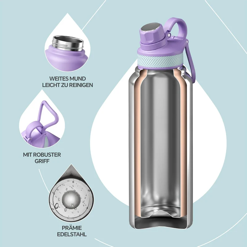 IDEUS Vakuumisolierte Wasserflasche, 40 Oz (1140 ml) Edelstahl Doppelwand Flasche Metall Sport Kanti