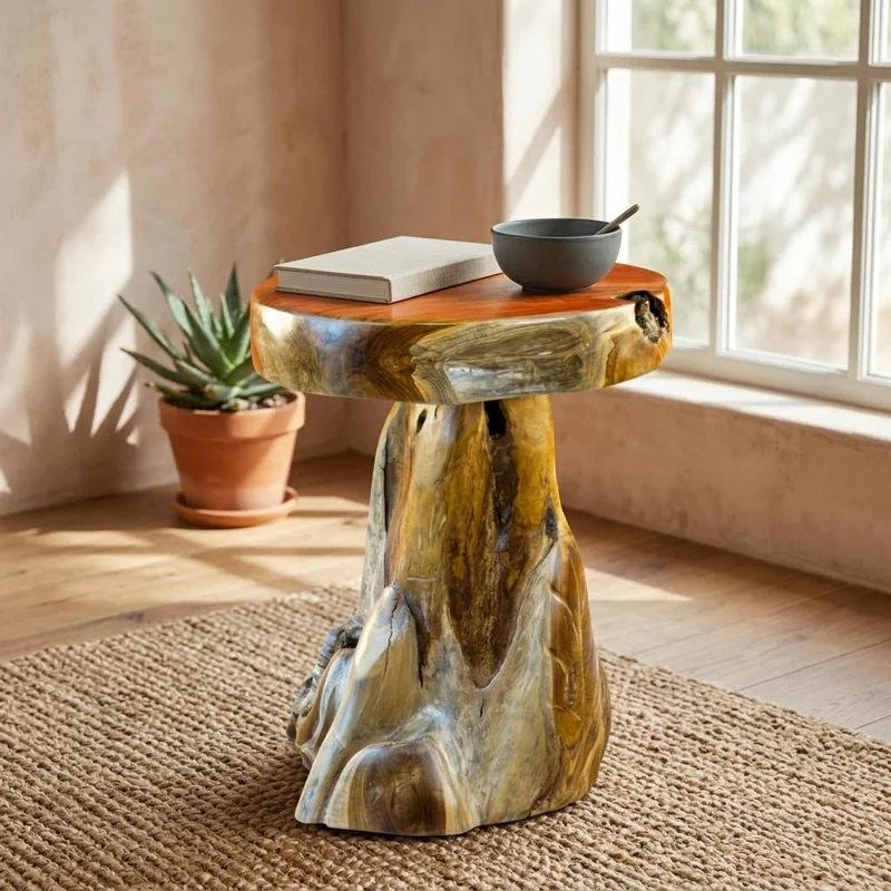 Teak Beistelltisch – Kleiner Couchtisch aus Baumstammscheiben – Beistelltisch für Wohnzimmer und Cou