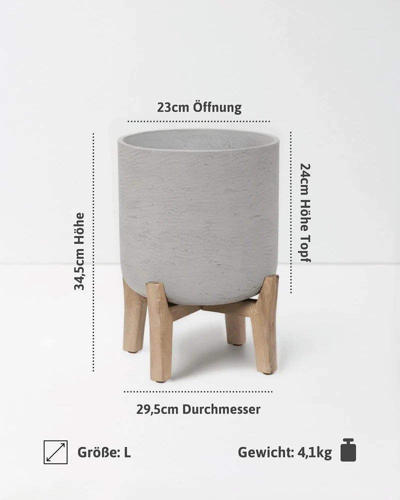 Finestgreen Charlie Feet Low | Handgefertigtes Pflanzgefäss auf Holzfüssen (L Ø:29,5 H:34,5 cm, Grau
