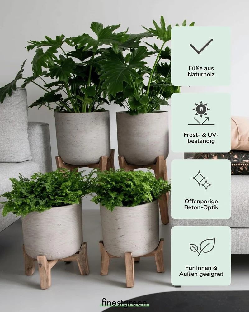Finestgreen Charlie Feet Low | Handgefertigtes Pflanzgefäss auf Holzfüssen (L Ø:29,5 H:34,5 cm, Grau