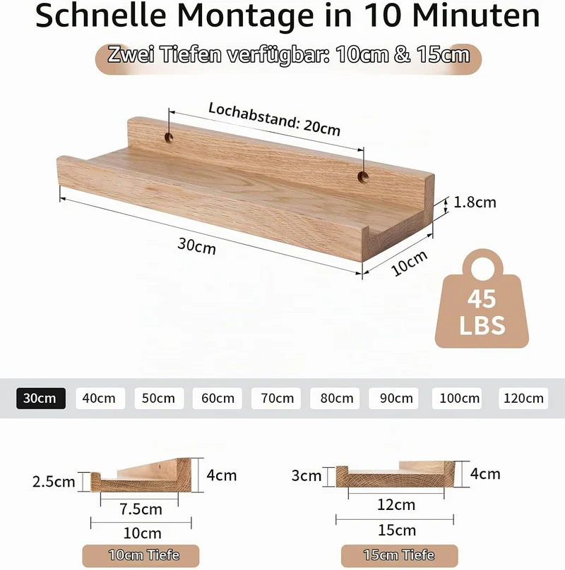 Gieanoo Bilderleiste Holz,30cm Eiche Wandregal Holz 2er-Set Regal Massiv Schweberegal gewürzregal re