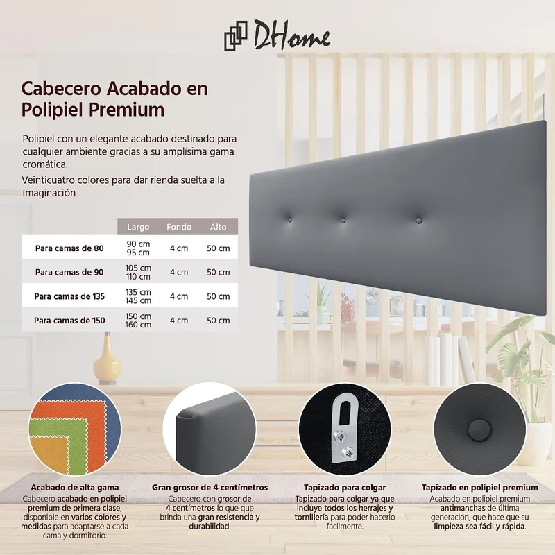 DHOME Kunstleder oder Acualine Stoff Kopfteil einfarbig mit Knöpfen gepolstert HIGH Range Luxus Bett