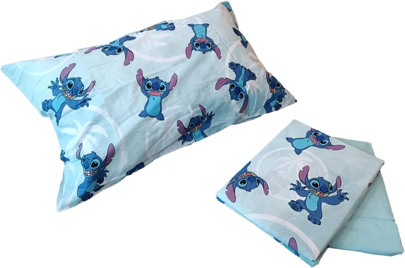 Stitch, Bettlaken für französisches Bett, Bettlaken, Spannbettlaken, Kissenbezug, Blau, Disney, 100%