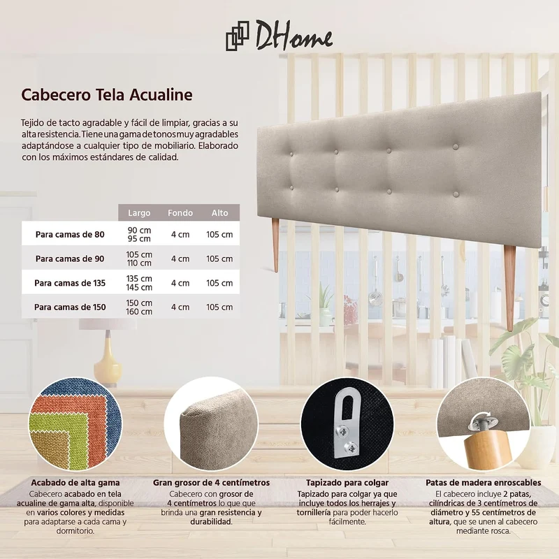DHOME Kunstleder oder Stoff Kopfteil AQUALINE Pro mit 2 Reihen von Knöpfen gepolstertes Kopfteil Lux