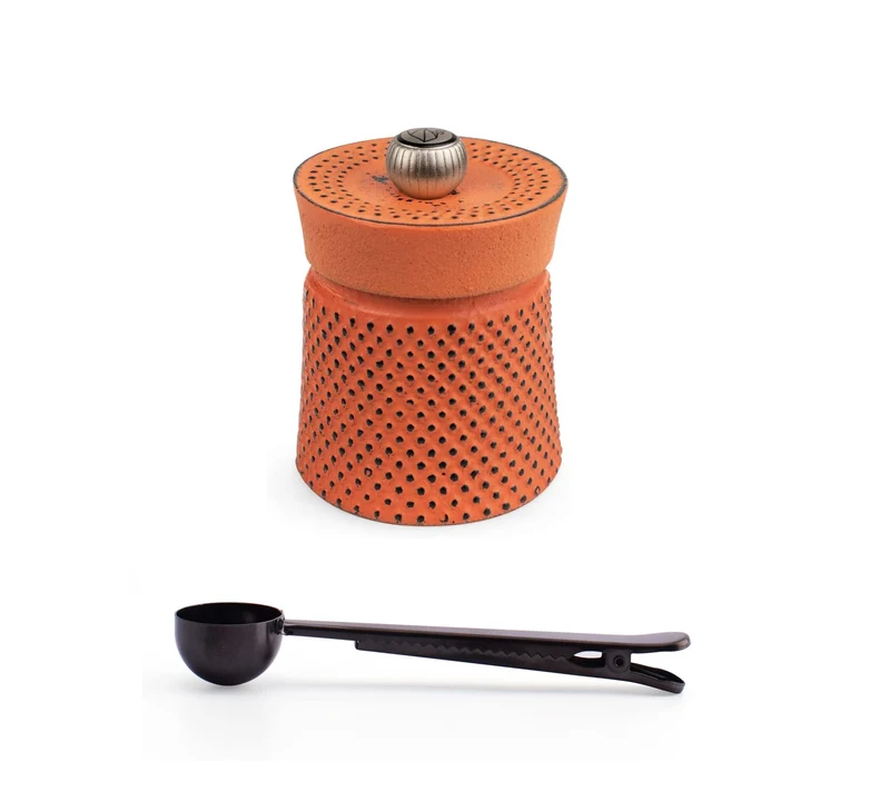 Peugeot BALI FONTE Cast Iron Pepper Mill, 8cm/3 In, With Stainless Steel Spice Scoop/Bag Clip (Orang