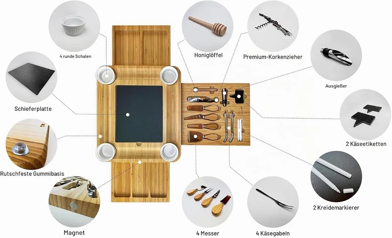 Bambus Käsebrett und Messer-Set Keramik-Schalen Weinöffner – 100% Bio-Holz Serviertablett Charcuteri