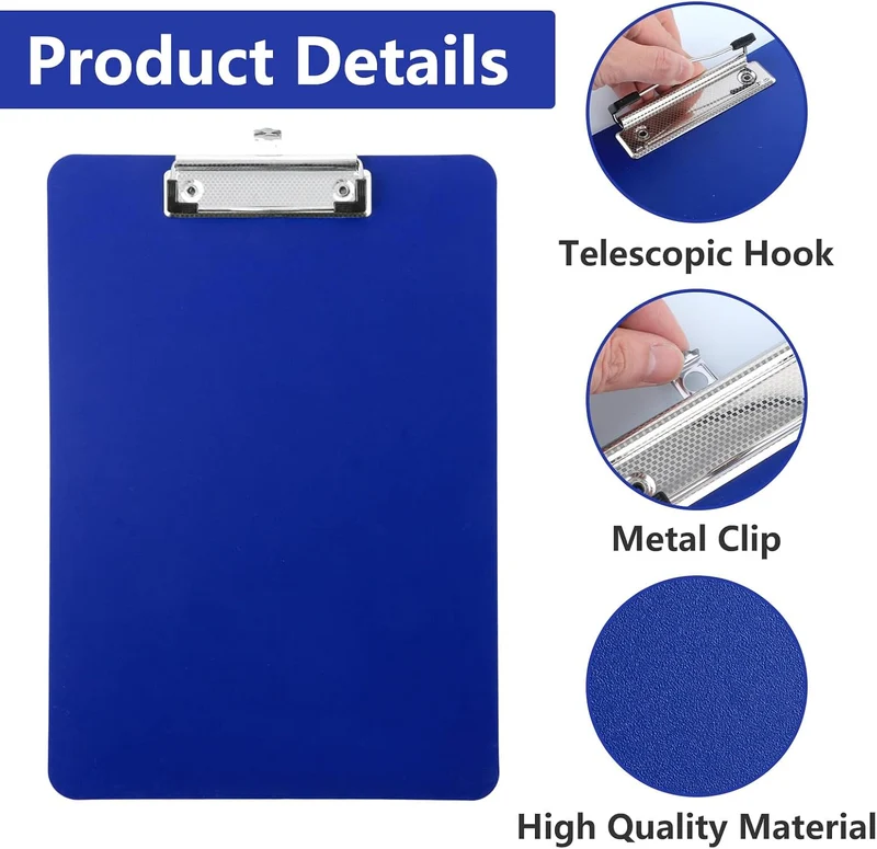 10 Stück Klemmbrett A4, Kunststoff Klemmbretter A4 in Dunkelblau 312 x 223 mm, Flache Clipboard mit