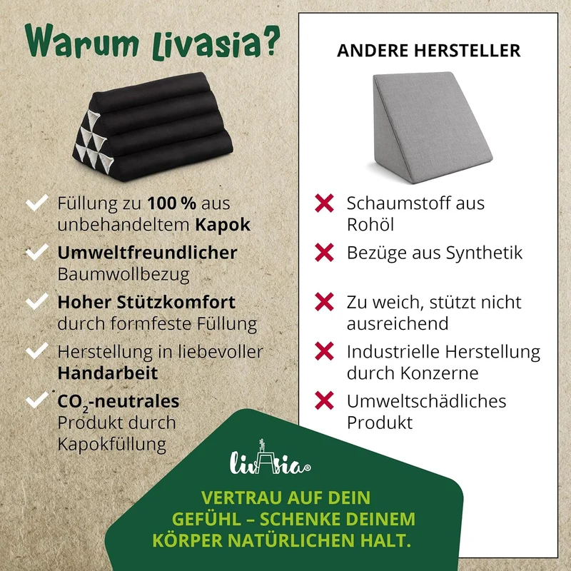 livasia Rückenstützkissen einfarbig, Dreieckskissen für Garten und Balkon, Keilkissen mit Kapok, han