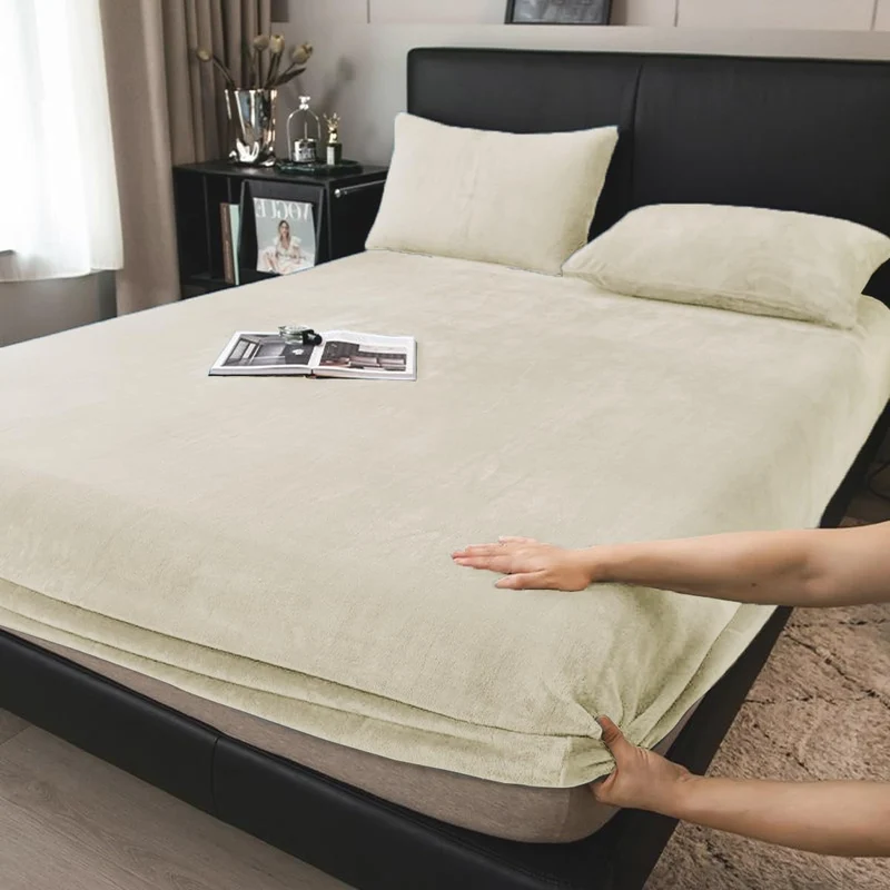 Boqingzhu Flauschige Plüsch Spannbettlaken 200x200cm Beige Weiss Fleece Flanell Cashmere Touch Spann